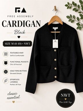 Free Assembly Black Textured Knit Cardigan Gold Button Crop Size M NWT